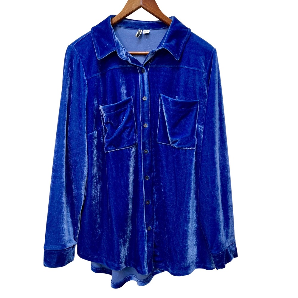 Cato Blue Velvet Button Down Shirt Long Sleeve‎ Size 14 16W Fall Party Evening